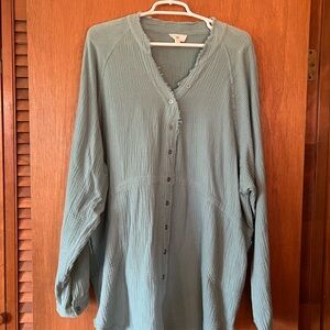 Teal Button-Up Long Sleeve Blouse
